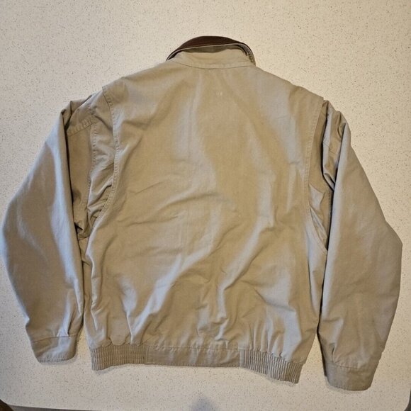 Vintage LL Bean Chore Jacket Mens L Leather Collar Beige Canvas Quilt Lined Work - Picture 6 of 13